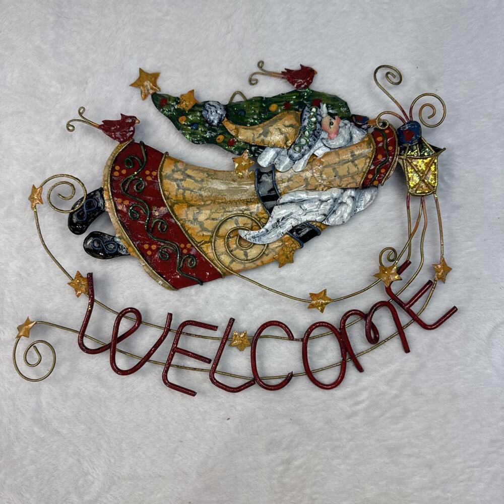 Vtg Metal Christmas Around the World Welcome Hanging Sign Rustic Traditional